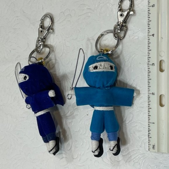 TWO Ninja String Doll Keychain Toys w/Swords Royal Blue/Blue 2.5" x 3" NEW - Picture 4 of 11